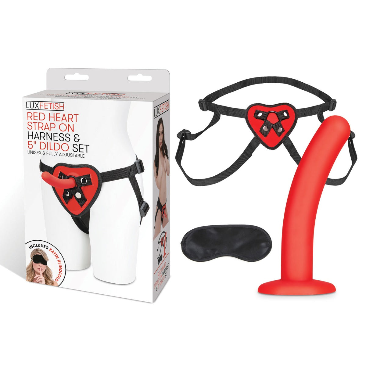 Lux Fetish Red Heart Strap On Harness & 5inch Dildo Set