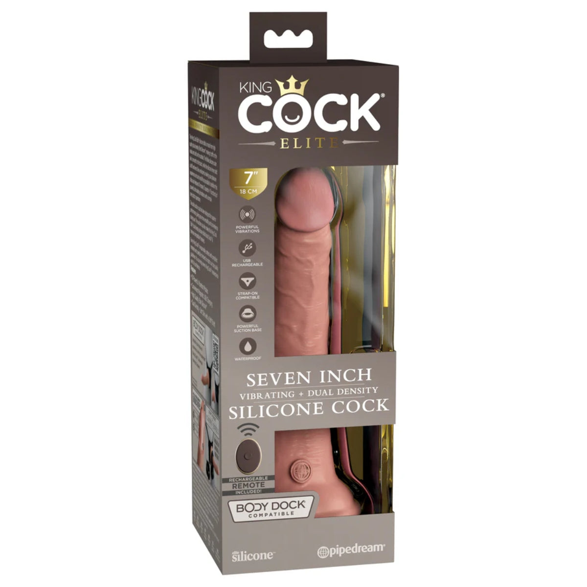 King Cock Elite 7Inch Vibrating Silicone Dual Density Cock with Remote - Light