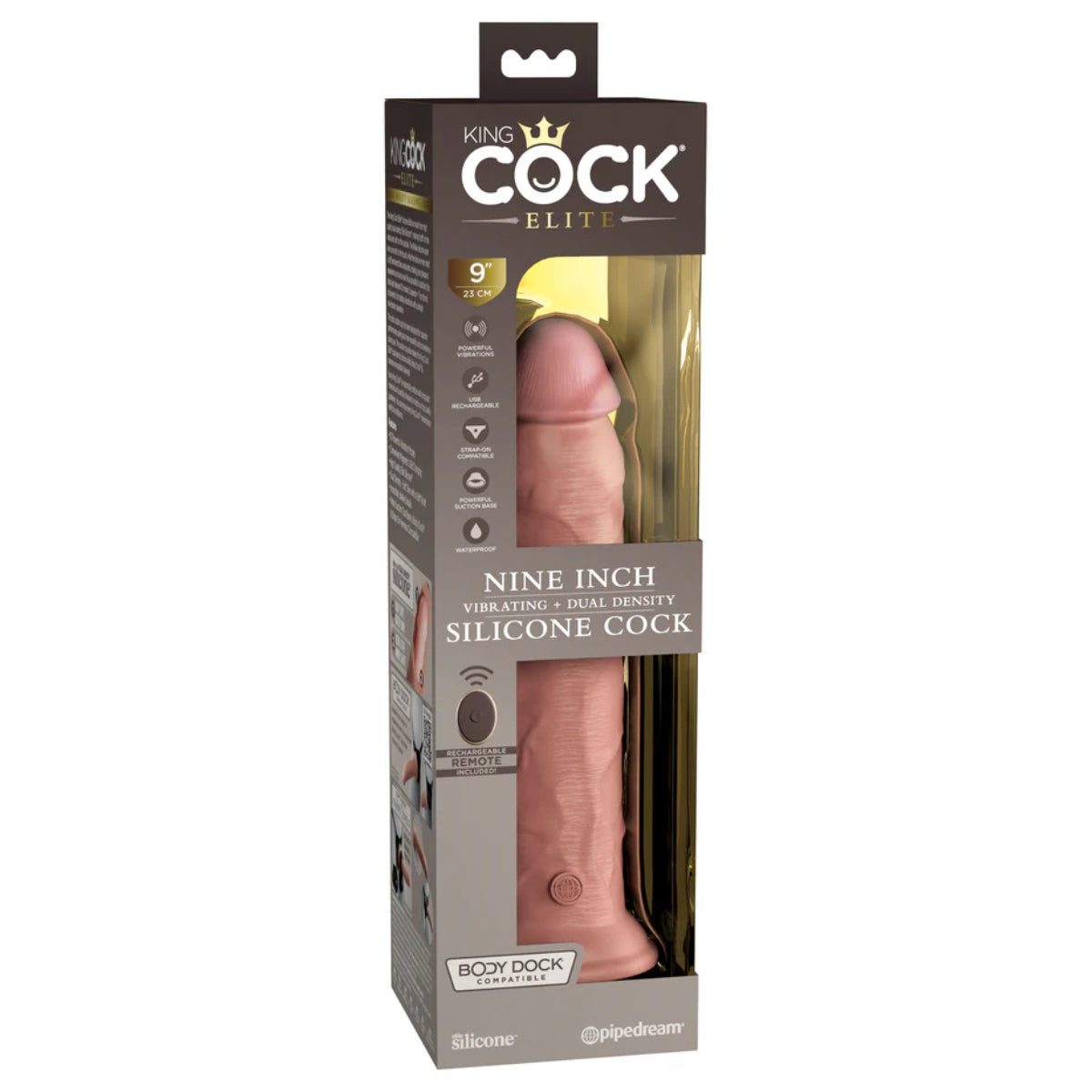 King Cock Elite 9Inch Vibrating Silicone Dual Density Cock with Remote - Light