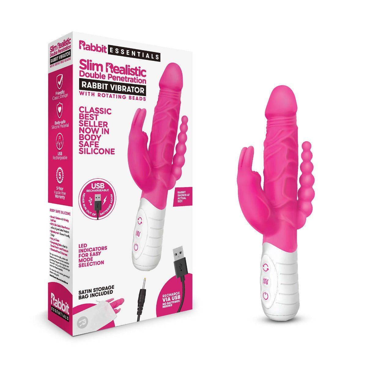 Rabbit Essentials RR Rechargeable Slim Double Penetration Rabbit Vibrator Hot Pink